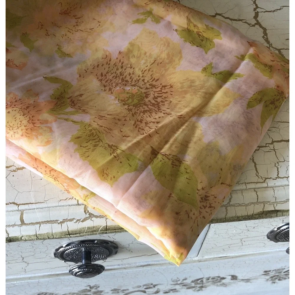 Vintage 70s Chiffon Fabric Golden Yellow Orange Floral 3 Yards 50